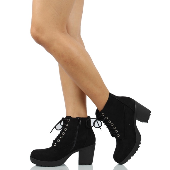 Black Lace Up Faux Suede Lug Heel Ankle Boot - Picture 7 of 7